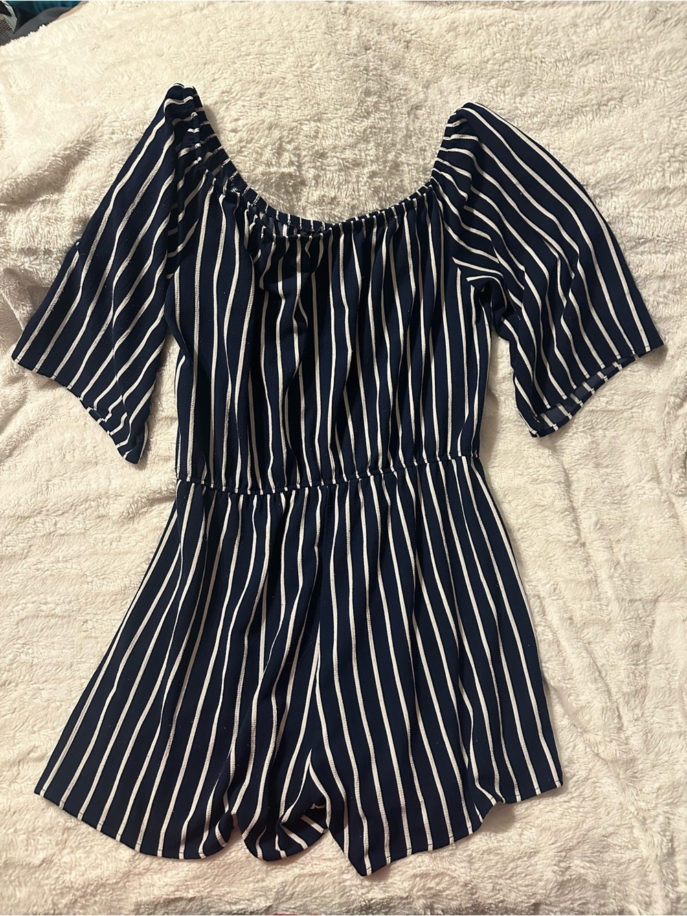 Ambiance Navy & White Striped Off-Shoulder Romper Size 1X - Picture 3 of 5